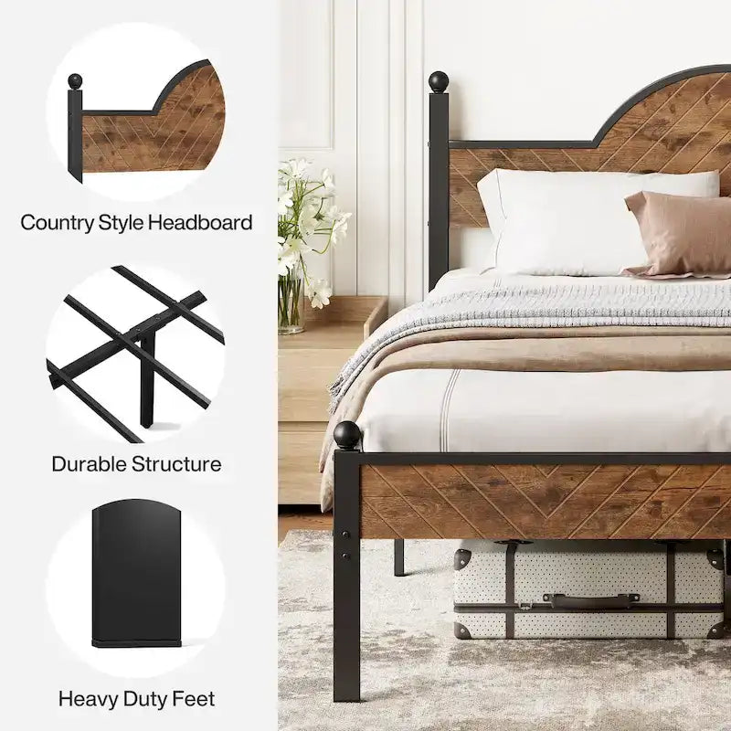 Cadre de lit plateforme rustique Queen Size avec tête et pied de lit en bois