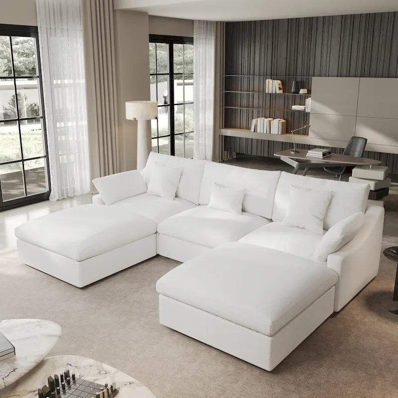 Canapé modulable classique moderne en lin 3 places avec 2 poufs, canapé nuage en forme de U rempli de duvet avec coussins