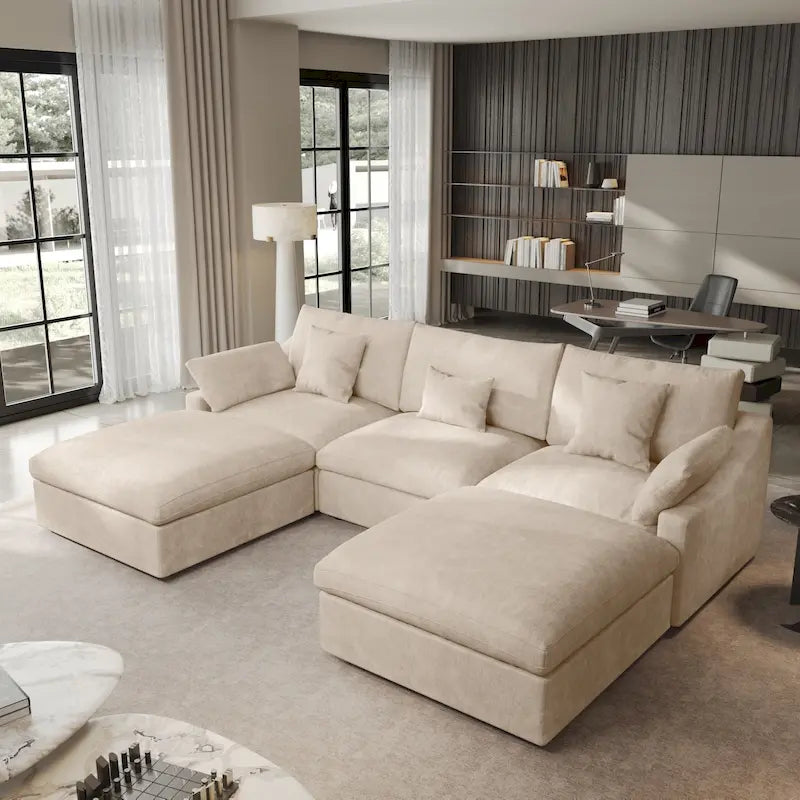 Canapé modulable classique moderne en lin 3 places avec 2 poufs, canapé nuage en forme de U rempli de duvet avec coussins