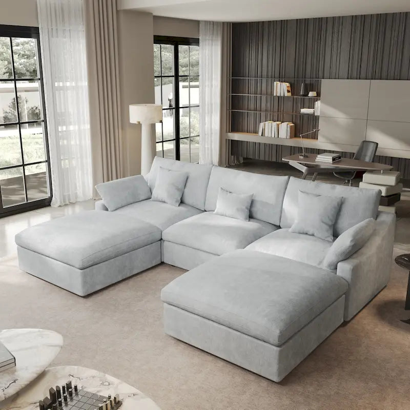 Canapé modulable classique moderne en lin 3 places avec 2 poufs, canapé nuage en forme de U rempli de duvet avec coussins