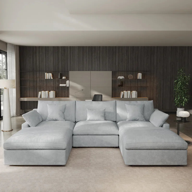 Canapé modulable classique moderne en lin 3 places avec 2 poufs, canapé nuage en forme de U rempli de duvet avec coussins