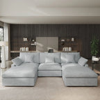 Canapé modulable classique moderne en lin 3 places avec 2 poufs, canapé nuage en forme de U rempli de duvet avec coussins