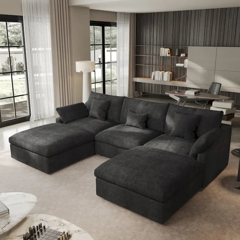 Canapé modulable classique moderne en lin 3 places avec 2 poufs, canapé nuage en forme de U rempli de duvet avec coussins