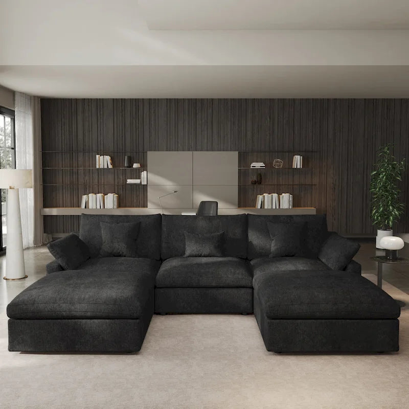 Canapé modulable classique moderne en lin 3 places avec 2 poufs, canapé nuage en forme de U rempli de duvet avec coussins