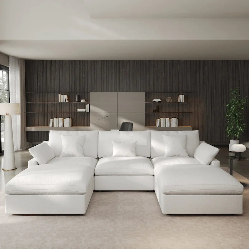 Canapé modulable classique moderne en lin 3 places avec 2 poufs, canapé nuage en forme de U rempli de duvet avec coussins