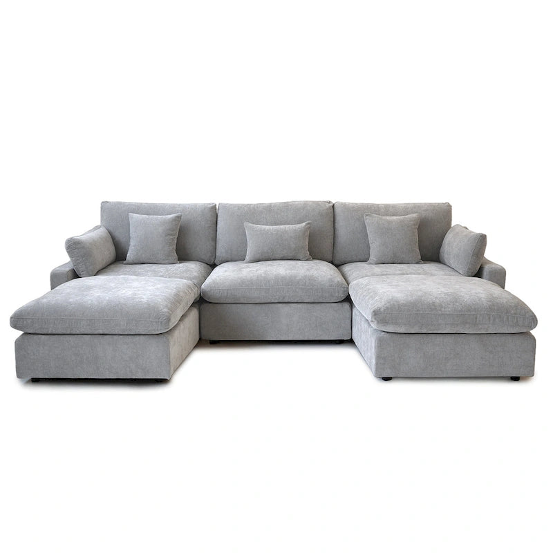 Canapé modulable classique moderne en lin 3 places avec 2 poufs, canapé nuage en forme de U rempli de duvet avec coussins