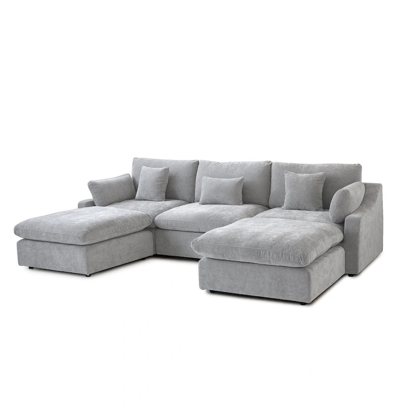 Canapé modulable classique moderne en lin 3 places avec 2 poufs, canapé nuage en forme de U rempli de duvet avec coussins