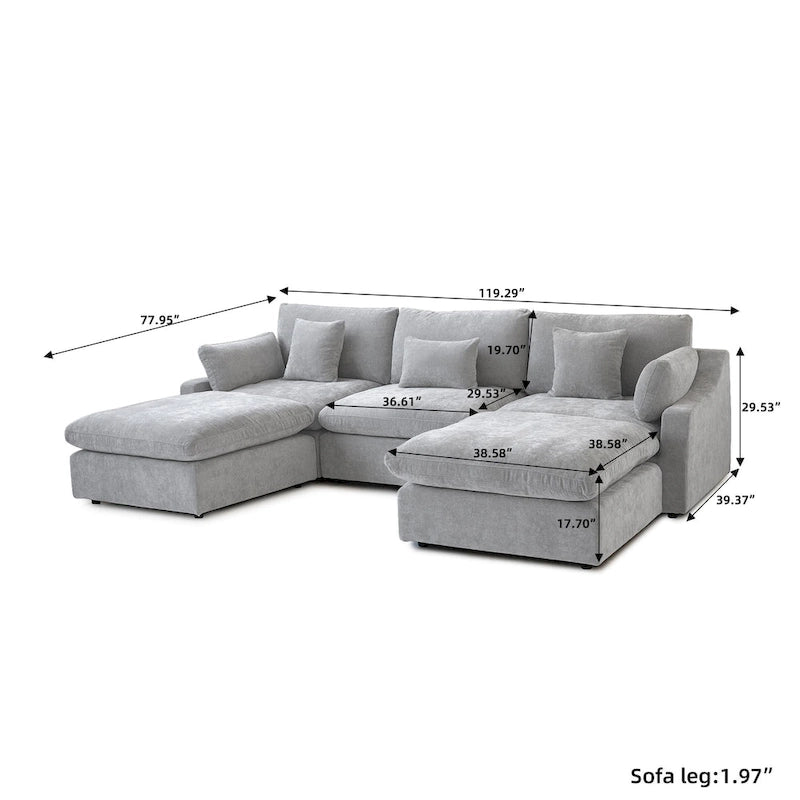 Canapé modulable classique moderne en lin 3 places avec 2 poufs, canapé nuage en forme de U rempli de duvet avec coussins