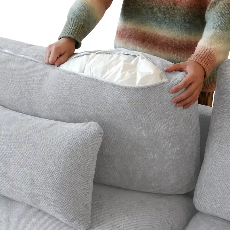 Canapé modulable classique moderne en lin 3 places avec 2 poufs, canapé nuage en forme de U rempli de duvet avec coussins
