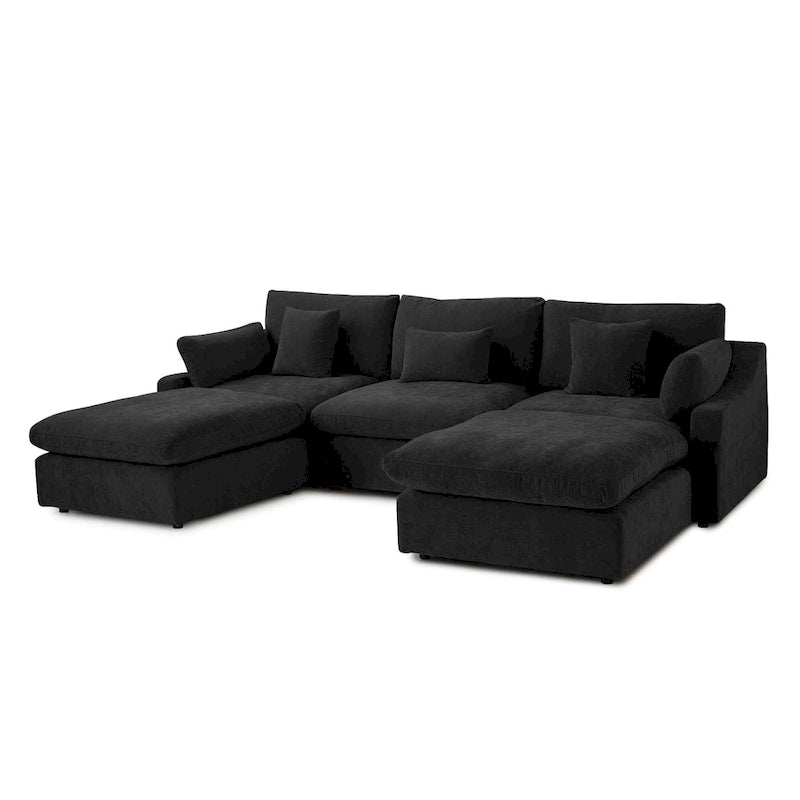 Canapé modulable classique moderne en lin 3 places avec 2 poufs, canapé nuage en forme de U rempli de duvet avec coussins