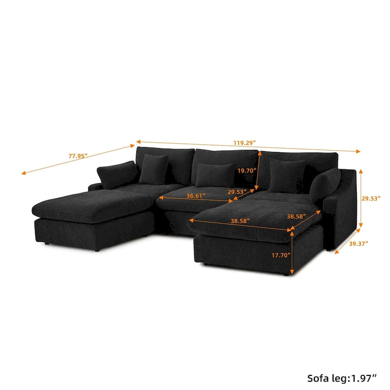 Canapé modulable classique moderne en lin 3 places avec 2 poufs, canapé nuage en forme de U rempli de duvet avec coussins