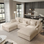 Canapé modulable classique moderne en lin 3 places avec 2 poufs, canapé nuage en forme de U rempli de duvet avec coussins
