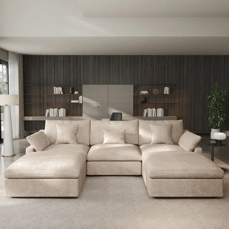 Canapé modulable classique moderne en lin 3 places avec 2 poufs, canapé nuage en forme de U rempli de duvet avec coussins