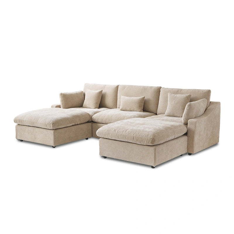 Canapé modulable classique moderne en lin 3 places avec 2 poufs, canapé nuage en forme de U rempli de duvet avec coussins