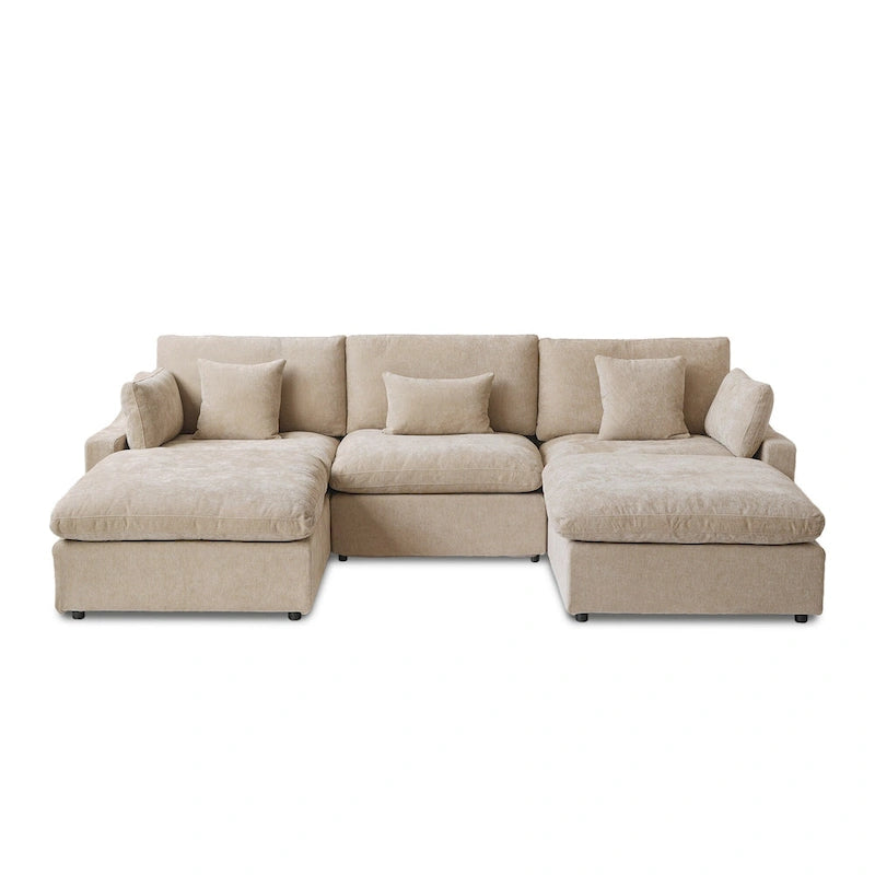Canapé modulable classique moderne en lin 3 places avec 2 poufs, canapé nuage en forme de U rempli de duvet avec coussins