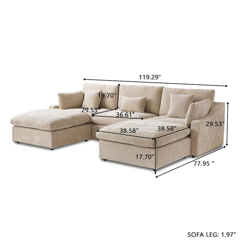 Canapé modulable classique moderne en lin 3 places avec 2 poufs, canapé nuage en forme de U rempli de duvet avec coussins