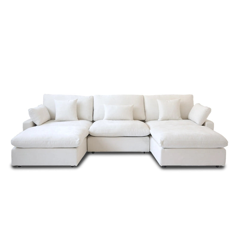 Canapé modulable classique moderne en lin 3 places avec 2 poufs, canapé nuage en forme de U rempli de duvet avec coussins
