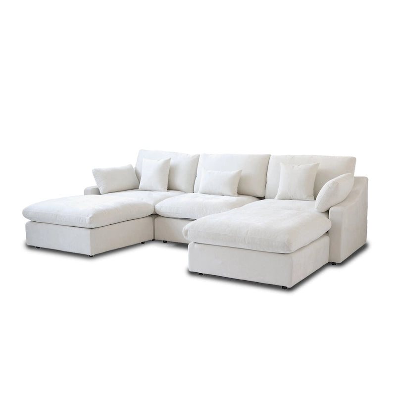 Canapé modulable classique moderne en lin 3 places avec 2 poufs, canapé nuage en forme de U rempli de duvet avec coussins