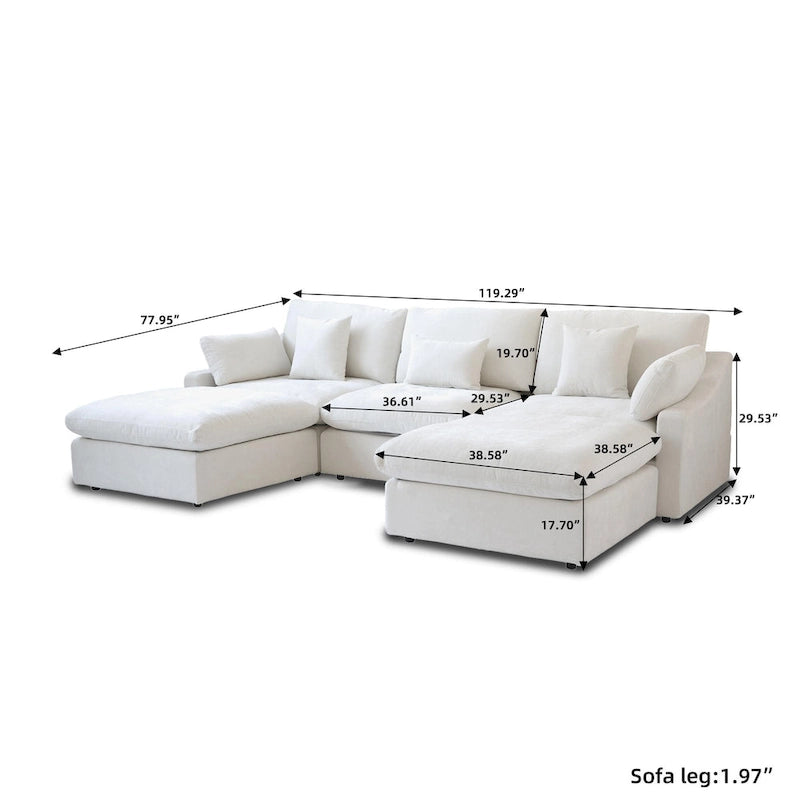 Canapé modulable classique moderne en lin 3 places avec 2 poufs, canapé nuage en forme de U rempli de duvet avec coussins