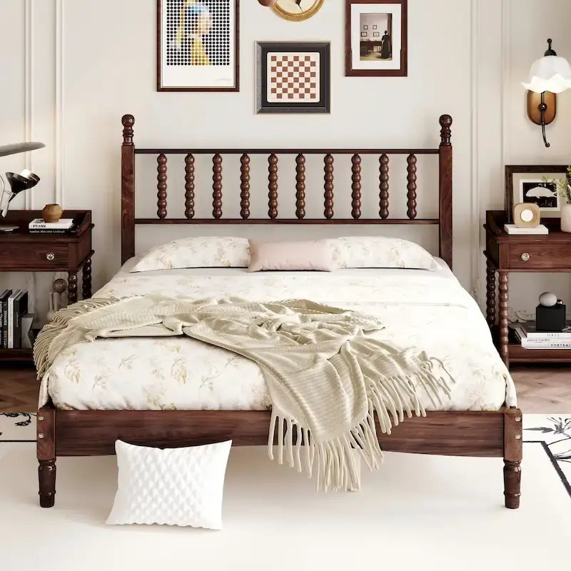 Lit plateforme en bois style rétro avec tête de lit en forme de gourde, Queen Size
