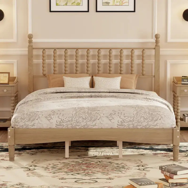 Lit plateforme en bois style rétro avec tête de lit en forme de gourde, Queen Size