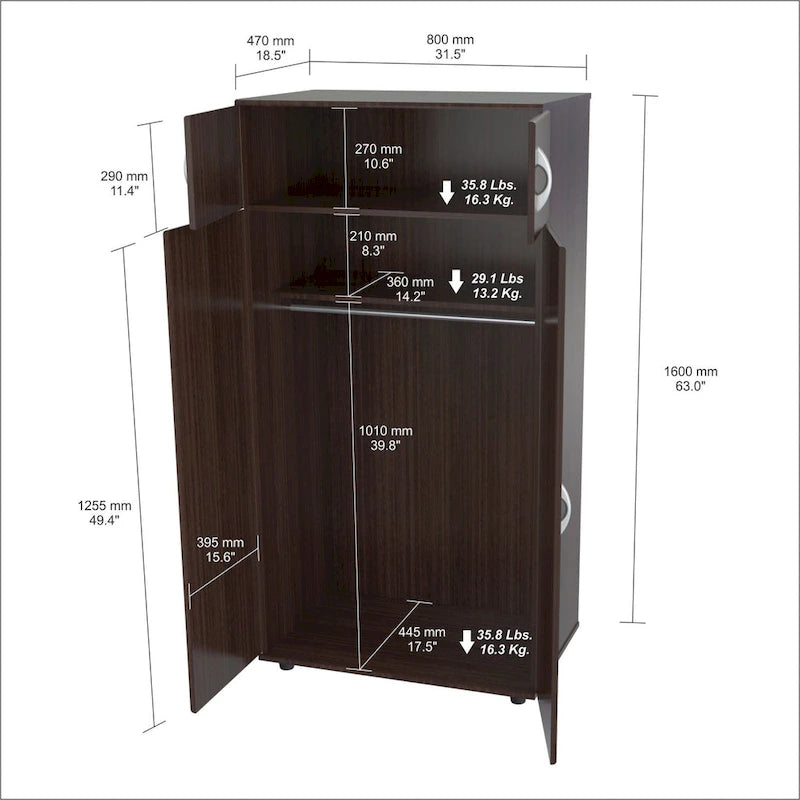 Commode verticale contemporaine espresso en mélamine avec miroir et portes