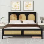 Lit plateforme de rangement Queen Size en bois avec 2 tiroirs, tête et pied de lit en rotin, noir