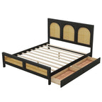 Lit plateforme de rangement Queen Size en bois avec 2 tiroirs, tête et pied de lit en rotin, noir