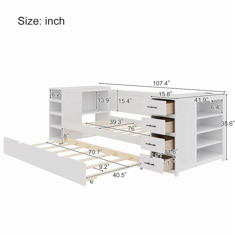 Lit de repos double avec lit gigogne ou tiroirs, armoire de rangement latérale des deux côtés, station de charge - Cadre de lit plateforme avec lattes en bois