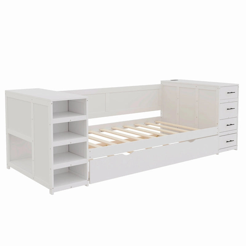 Lit de repos double avec lit gigogne ou tiroirs, armoire de rangement latérale des deux côtés, station de charge - Cadre de lit plateforme avec lattes en bois