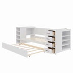 Lit de repos double avec lit gigogne ou tiroirs, armoire de rangement latérale des deux côtés, station de charge - Cadre de lit plateforme avec lattes en bois
