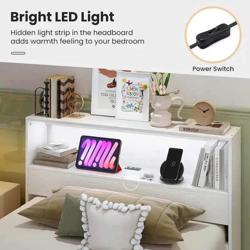 Cadre de lit double en bois Gymax avec station de charge et lumière LED