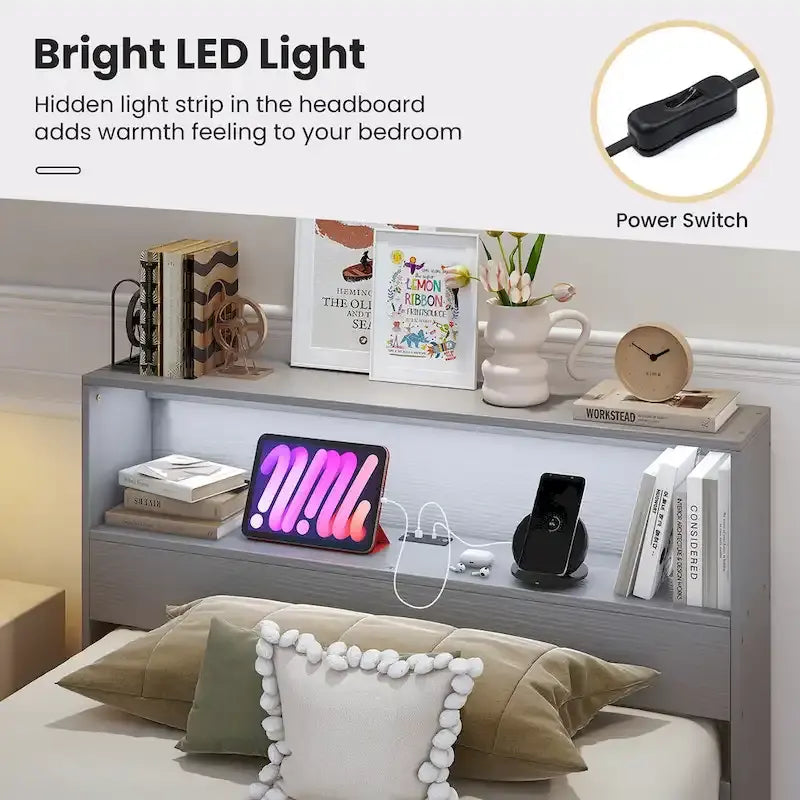 Cadre de lit double en bois Gymax avec station de charge et lumière LED