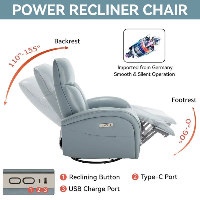 Fauteuil inclinable électrique pivotant et à bascule en cuir véritable 270 pour personnes âgées, canapé simple de salon avec support lombaire et accoudoirs roulés