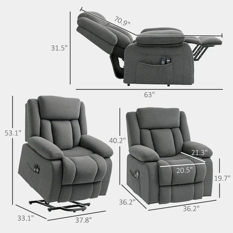 Fauteuil inclinable releveur électrique HOMCOM pour personnes âgées avec massage et chaleur, fauteuil de massage en tissu avec télécommandes