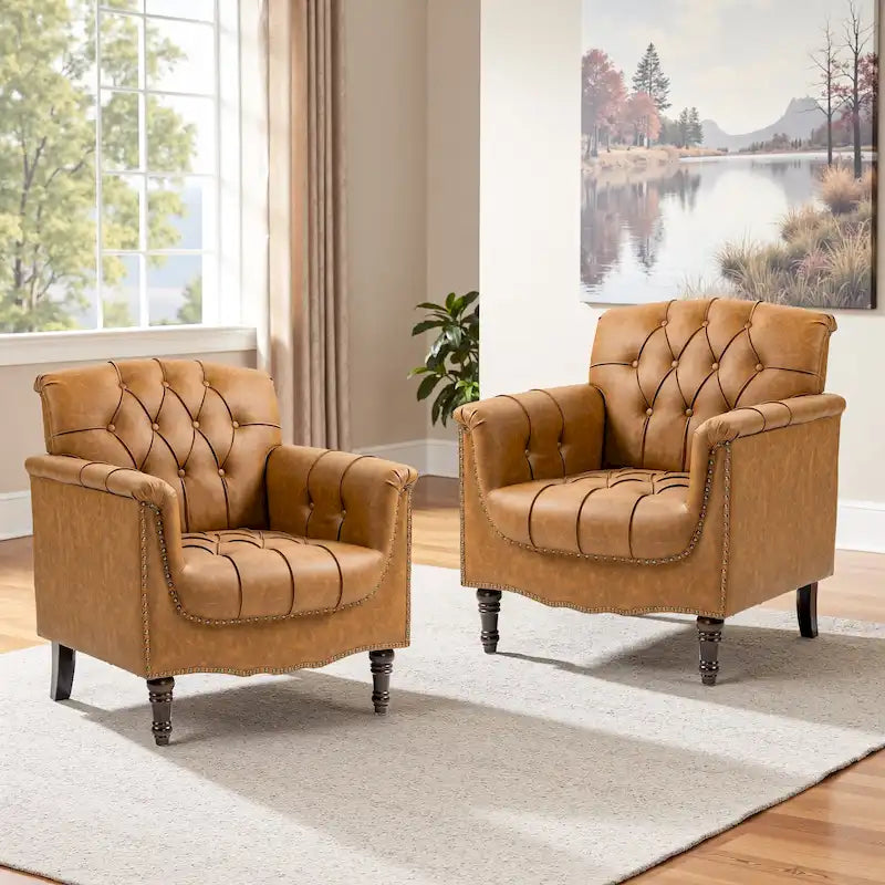 Lot de 2 fauteuils d'appoint capitonnés en cuir végétalien, fauteuil avec clous décoratifs