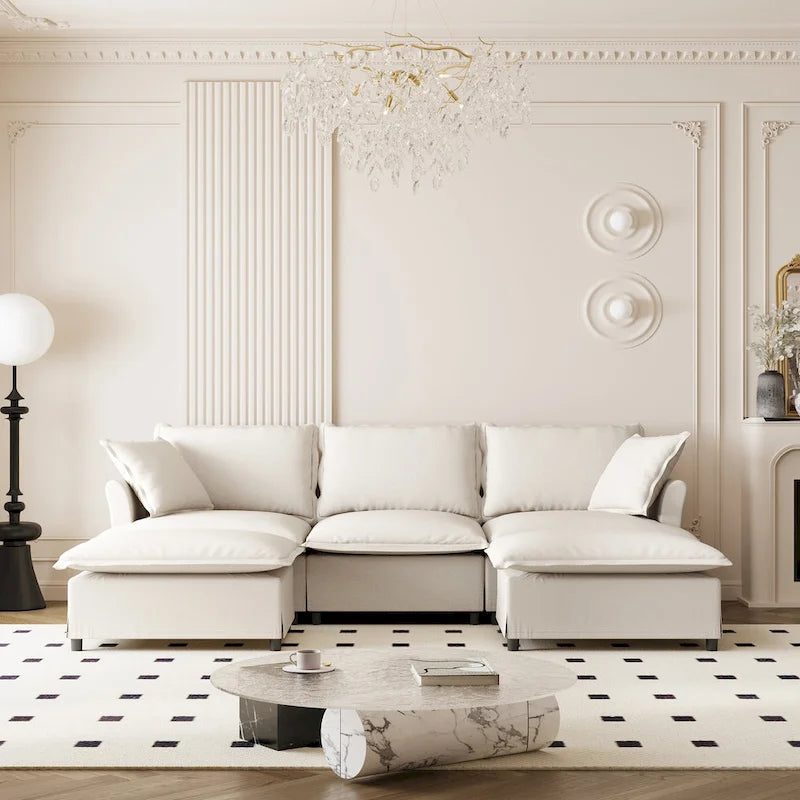 U Shaped Cloud Couch Set Chenille Sectional Sofa w/Ottoman, Pillows