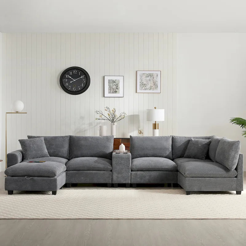 Canapé d'angle en chenille en U avec pouf, console, porte-gobelet, siège large, USB