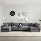 Canapé d'angle en chenille en U avec pouf, console, porte-gobelet, siège large, USB