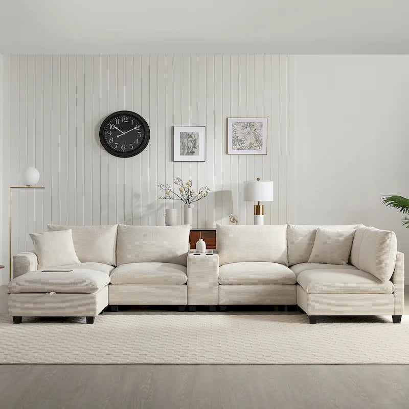 Canapé d'angle en chenille en U avec pouf, console, porte-gobelet, siège large, USB