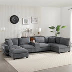 Canapé d'angle en chenille en U avec pouf, console, porte-gobelet, siège large, USB