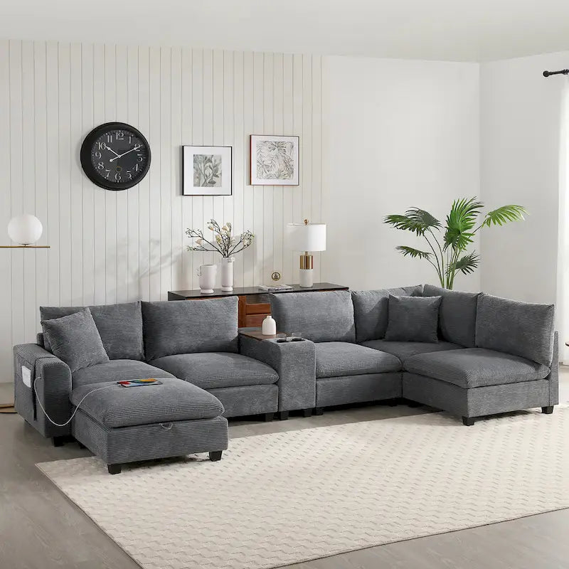 Canapé d'angle en chenille en U avec pouf, console, porte-gobelet, siège large, USB