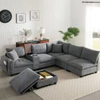Canapé d'angle en chenille en U avec pouf, console, porte-gobelet, siège large, USB