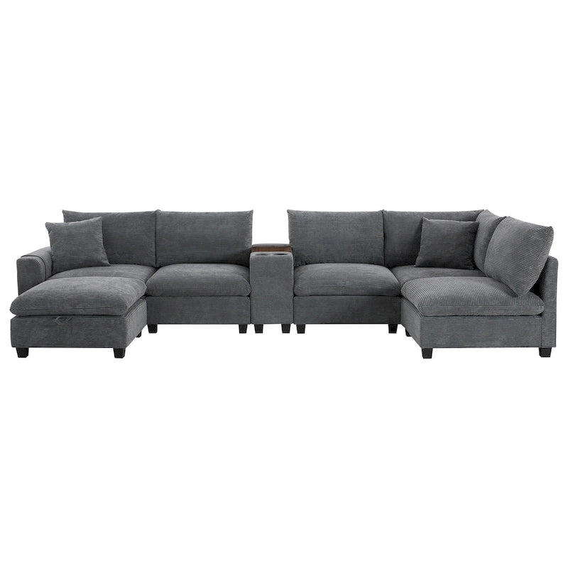 Canapé d'angle en chenille en U avec pouf, console, porte-gobelet, siège large, USB