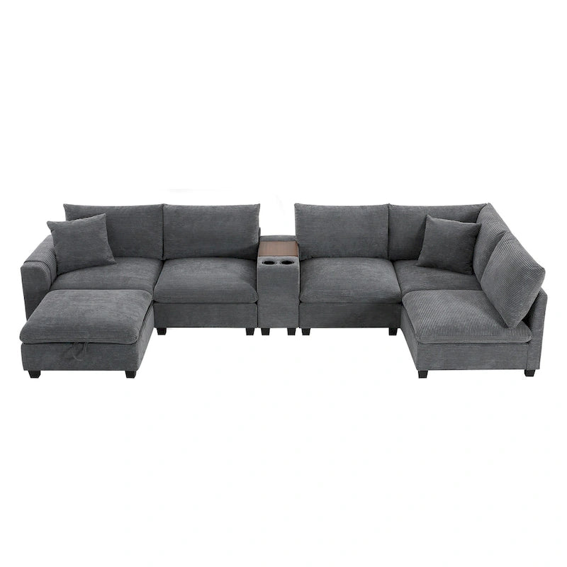 Canapé d'angle en chenille en U avec pouf, console, porte-gobelet, siège large, USB