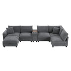 Canapé d'angle en chenille en U avec pouf, console, porte-gobelet, siège large, USB