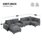 Canapé d'angle en chenille en U avec pouf, console, porte-gobelet, siège large, USB