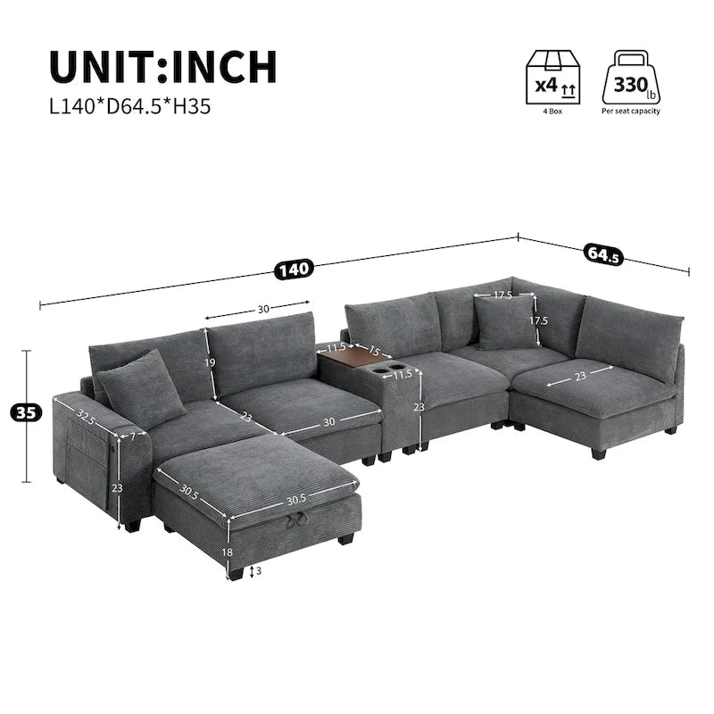 Canapé d'angle en chenille en U avec pouf, console, porte-gobelet, siège large, USB