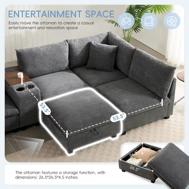 Canapé d'angle en chenille en U avec pouf, console, porte-gobelet, siège large, USB