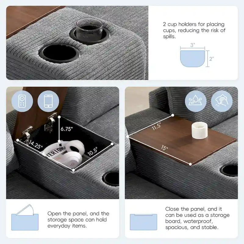 Canapé d'angle en chenille en U avec pouf, console, porte-gobelet, siège large, USB